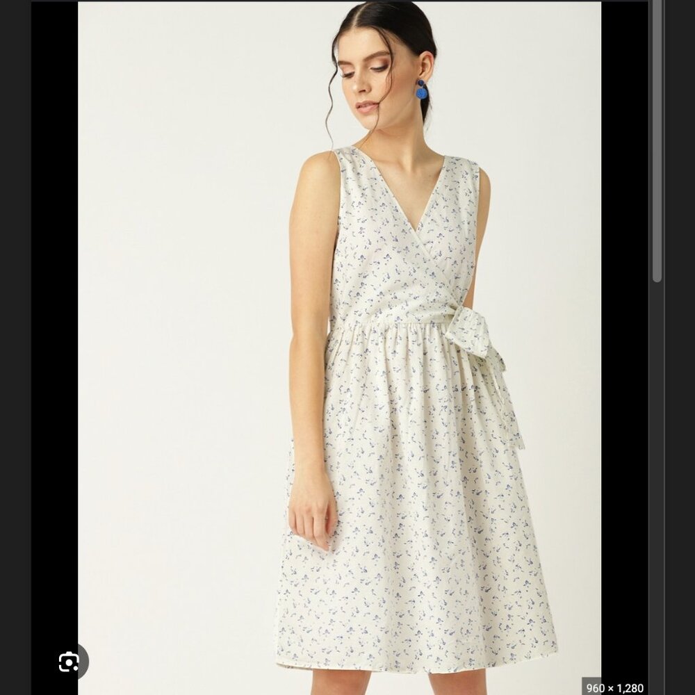 Mango Midi Flower Dress Cotton & Linen White & Blue
